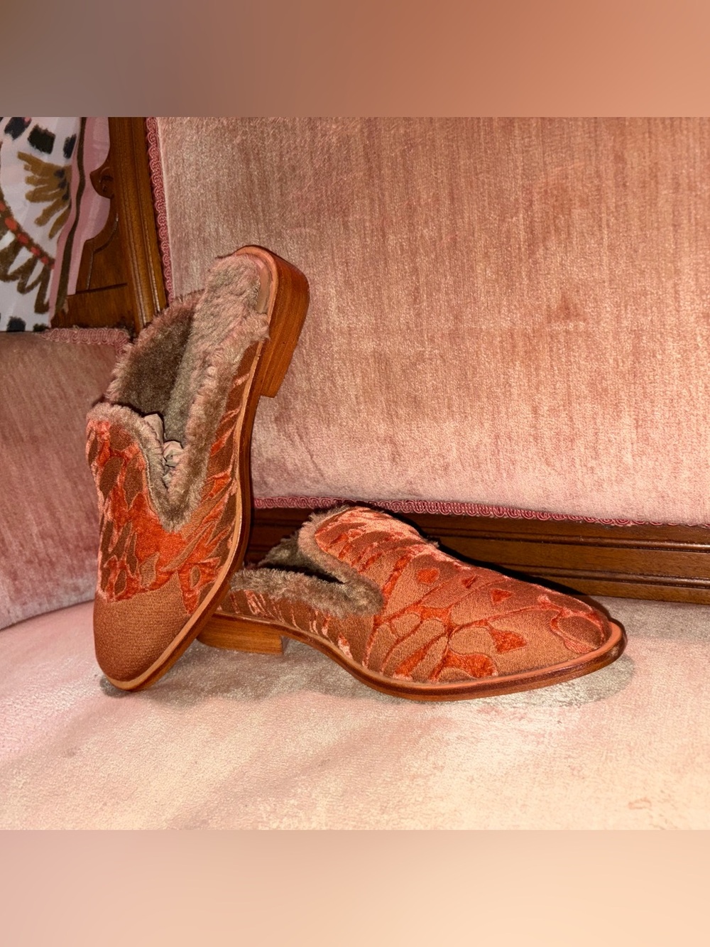 Free People Rust Orange Velvet Embroidered Faux-Fur Lined Mule Slippers